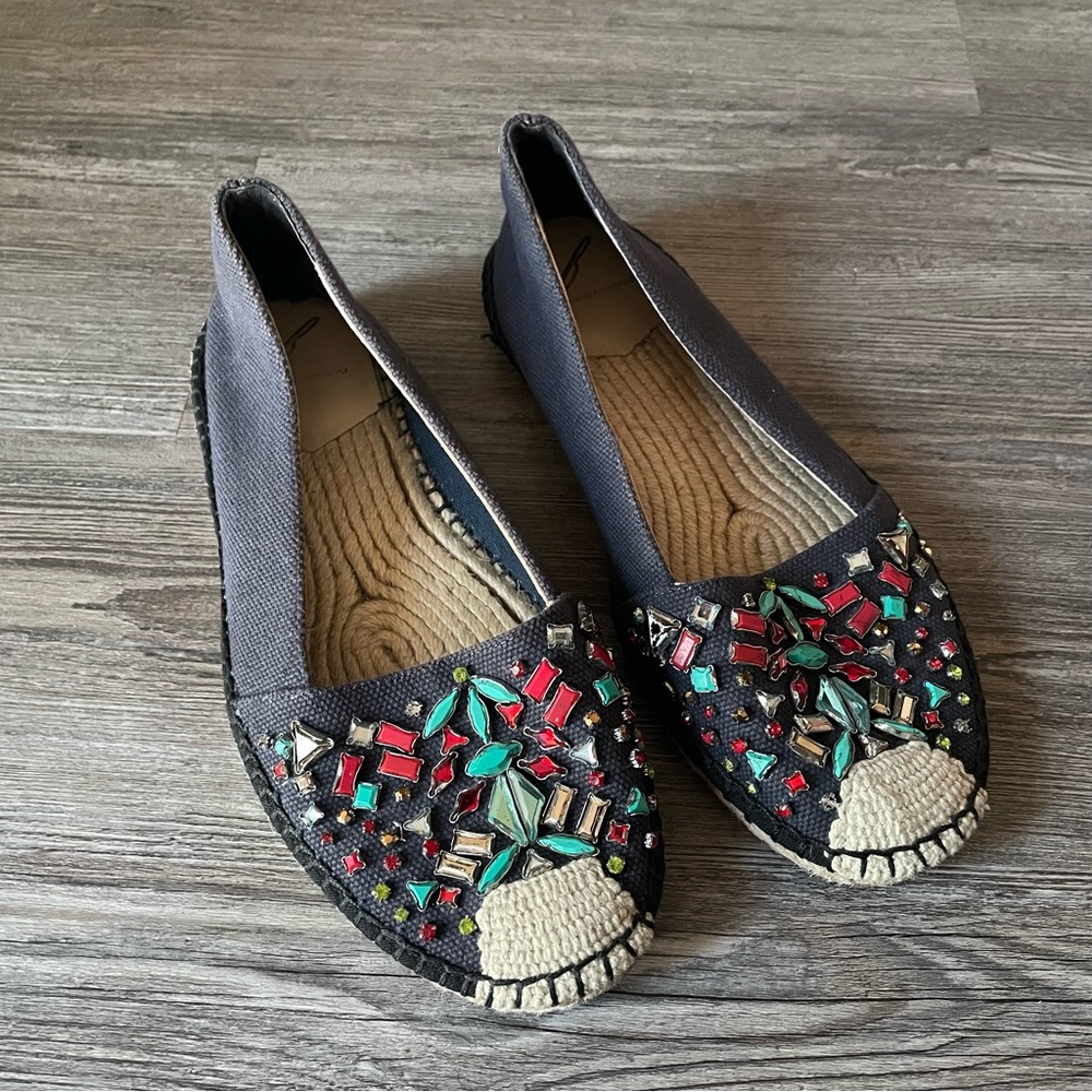 Brian Atwood Hardesty Navy Blue Jeweled Espadrilles Flats Shoes 6.5